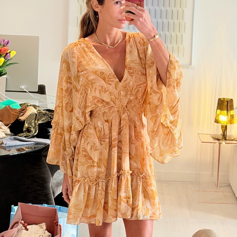 Vici Peach and Yellow Floral Ruffle Mini Dress